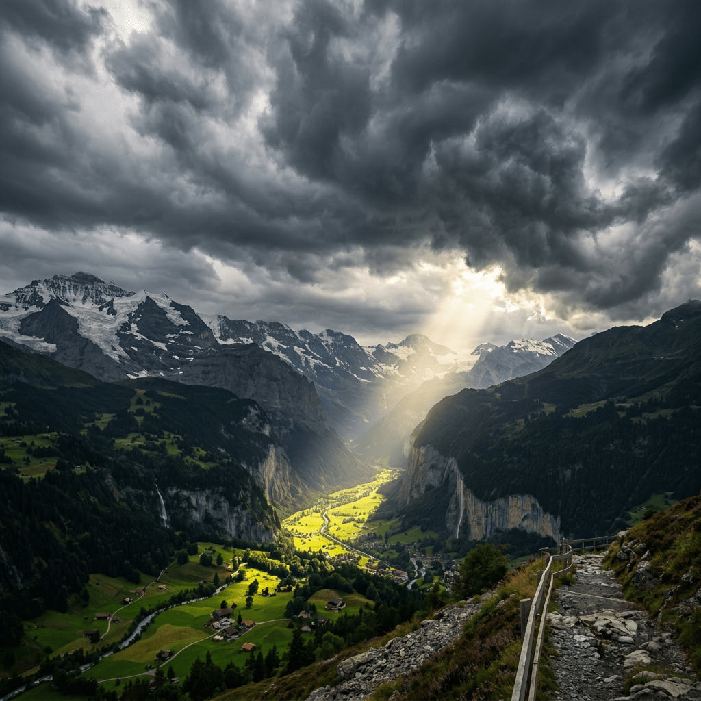 Mountain valley with sunlight shining through clouds and two hikers walking on trail
